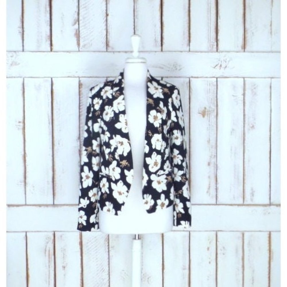 Vintage 90s black cream ivory white floral blazer jacket - Picture 1 of 5